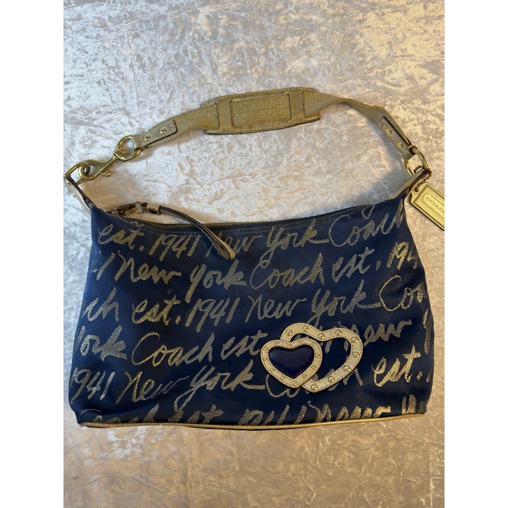 Coach F17472 Shoulder Bag Navy Gold New York Script Heart Y2K Purse Handbag